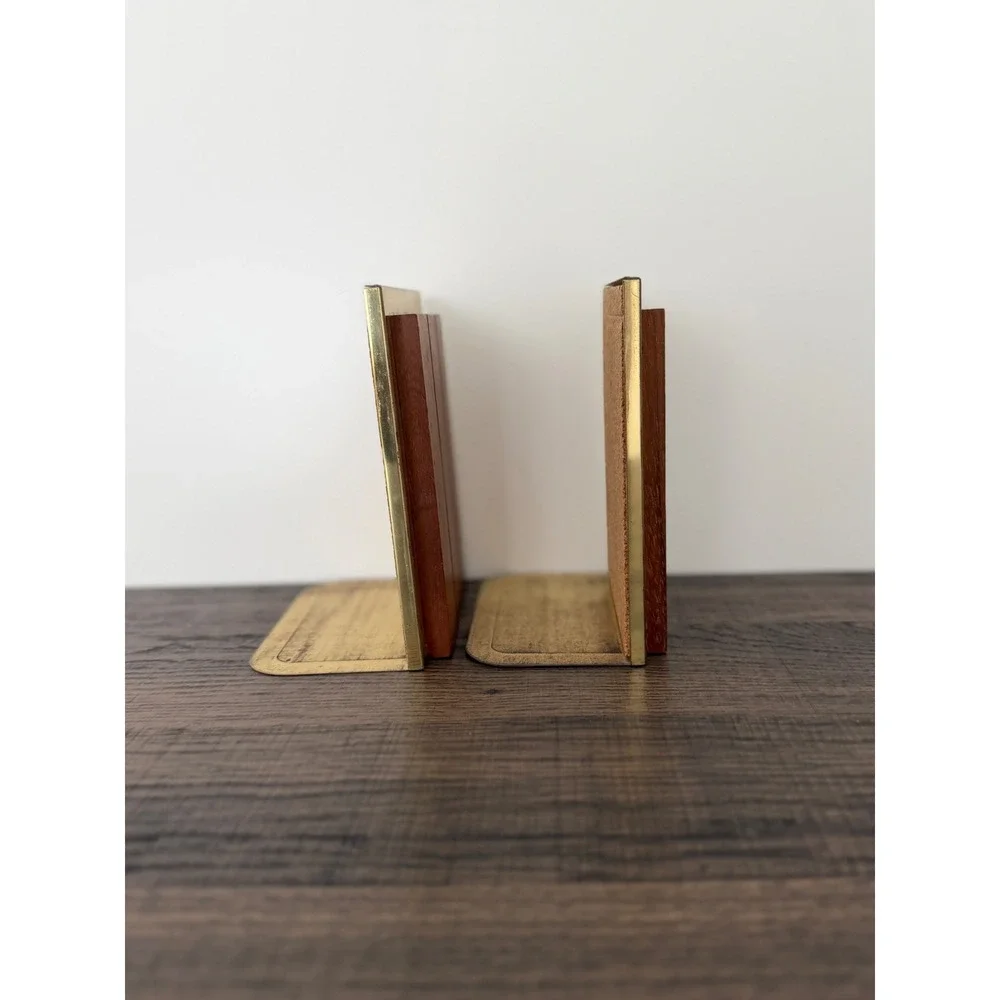 Vtg Park Sherman Solid Walnut Metal Bookends Mid Century Modern Minimalist Pair